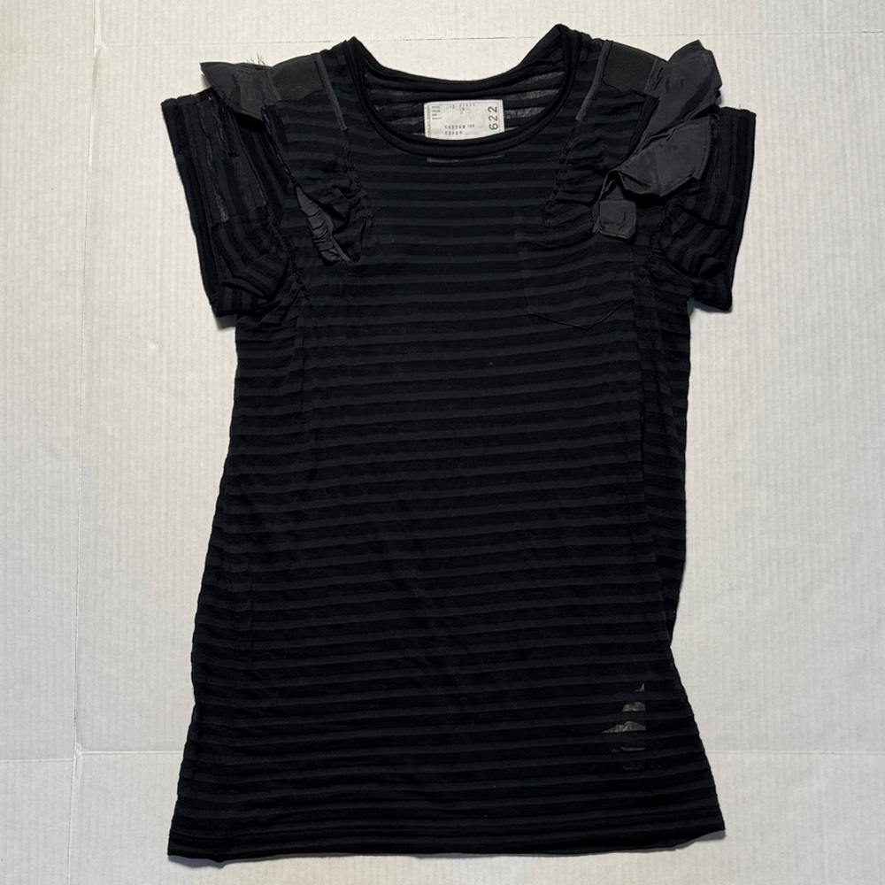 SACAI Black Sheer Striped Ruffle Details Short Sleeve Tunic Top Cotton Cupro 2/M